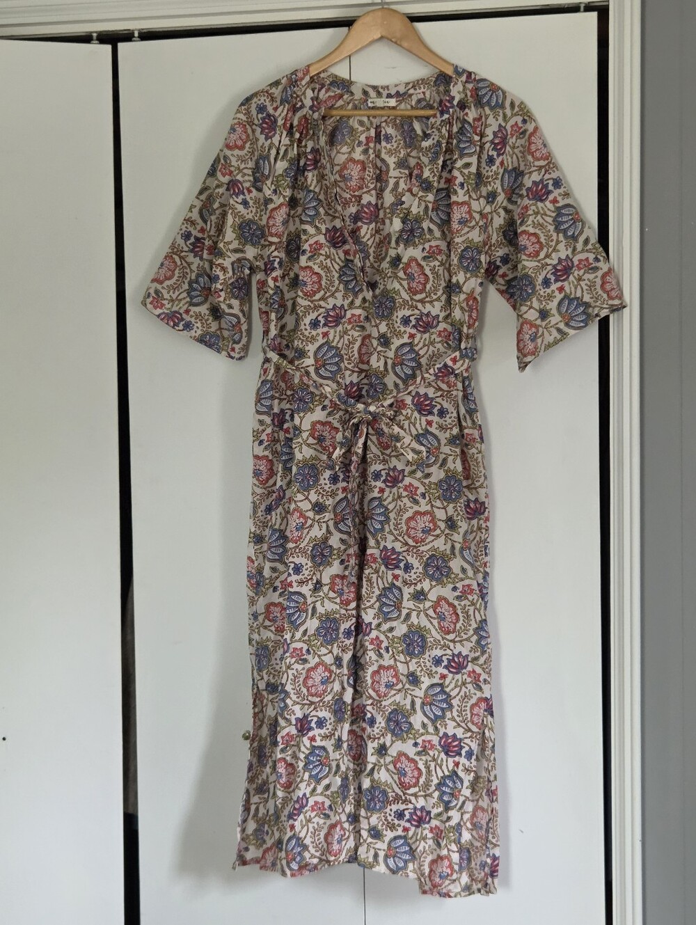 Maisie Floral Tie-Waist Midi Dress in Cream with Pink & Blue Accents
